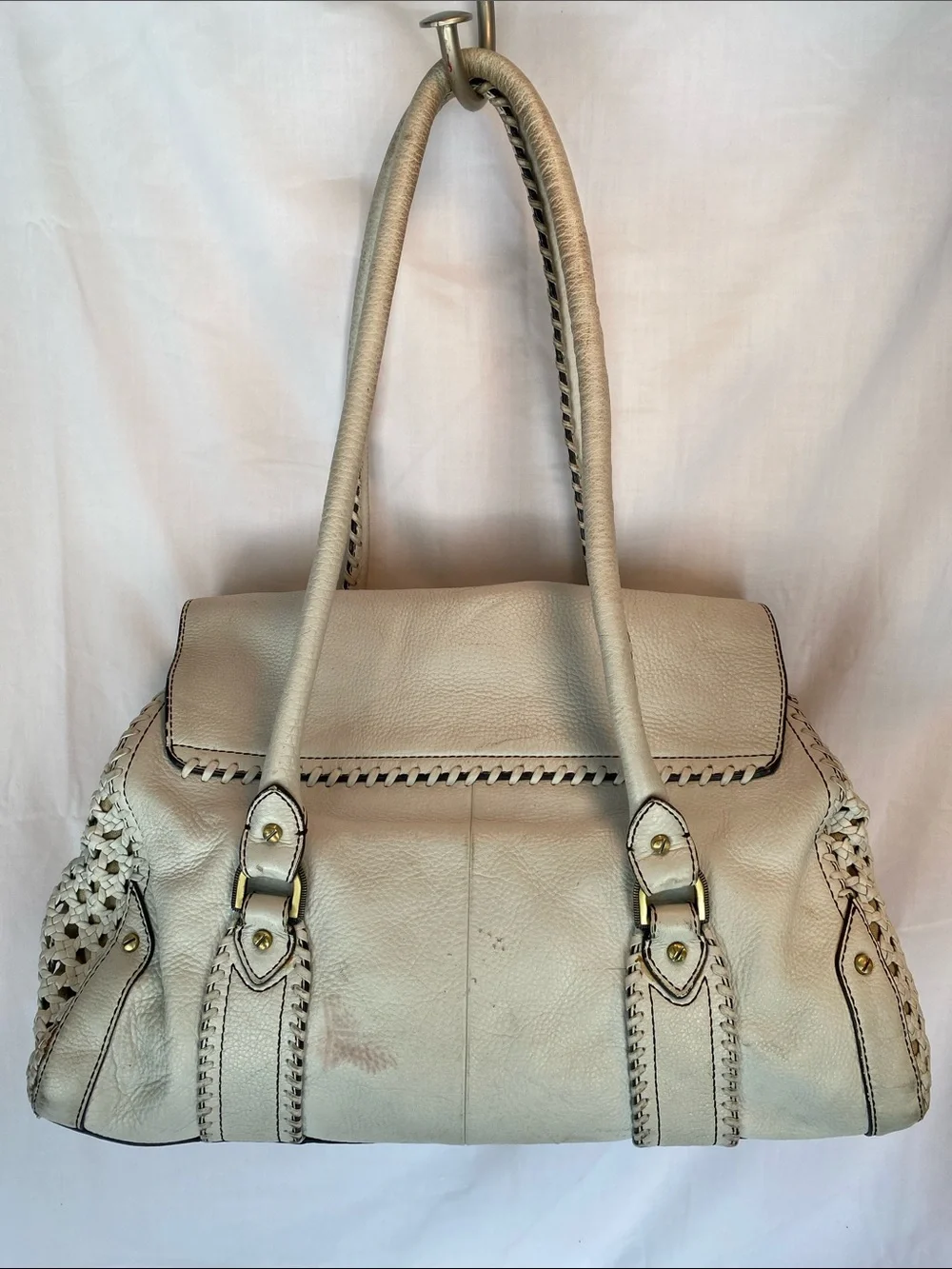 Vintage Cole Haan Cream Leather Satchel with Gold Hardware and Woven Side Panels